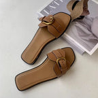 Slippers for Woman 2025 Summer Beach Flats Ladies Buckle Slides Gladiator Sandals Luxury Leather Mules Zapatos Mujer