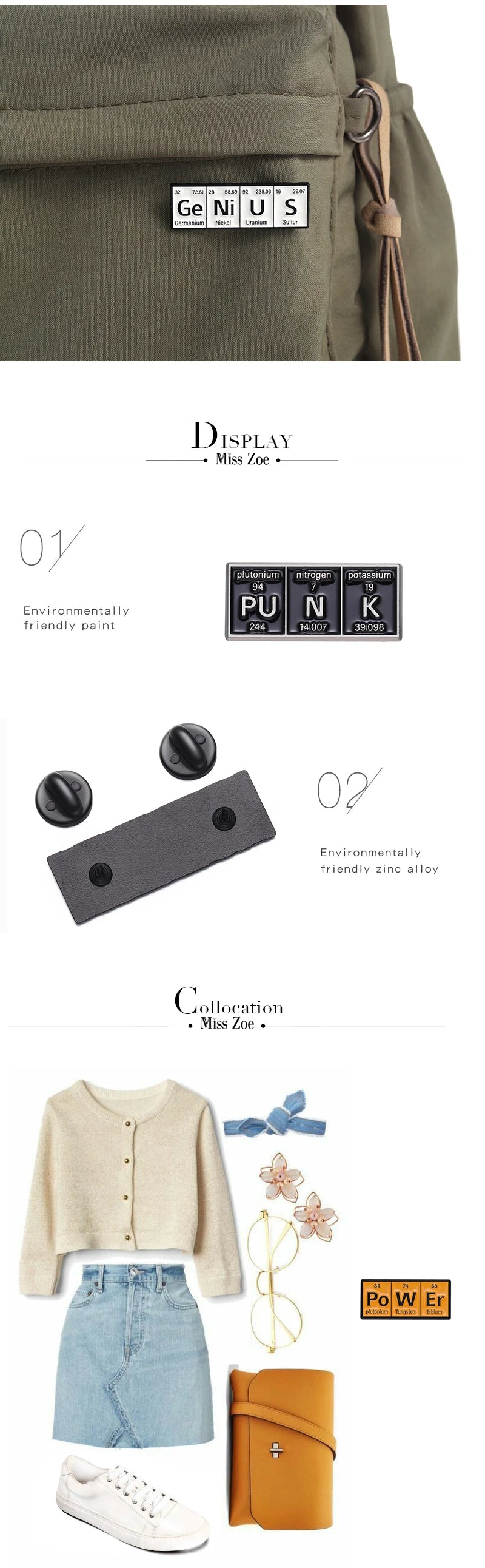 Chemical Element Enamel Pins Custom PO W ER GE NI U S Punk Brooches Lapel Badges Subject Jewelry Gift for students Friends