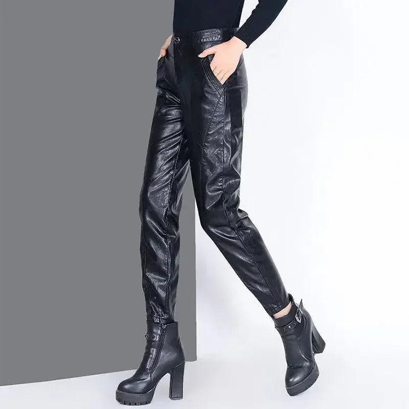 Pants for Women High Waist PU Leather Harem Woman Trousers Aesthetic One Size Classic Autumn Trends 2025 90s Outfits Clothing G