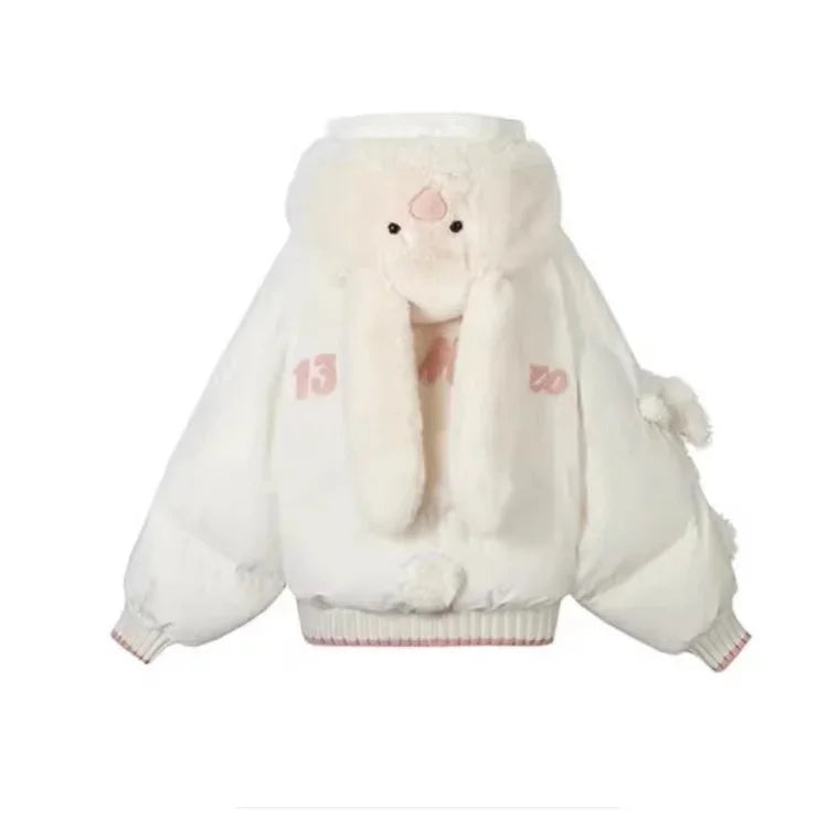 2024 Winter New Cute Rabbit Bear Warm Cotton-padded Coat Women Clothes Sweet Girls Loose Kawaii Long-sleeved Jackets Casacos