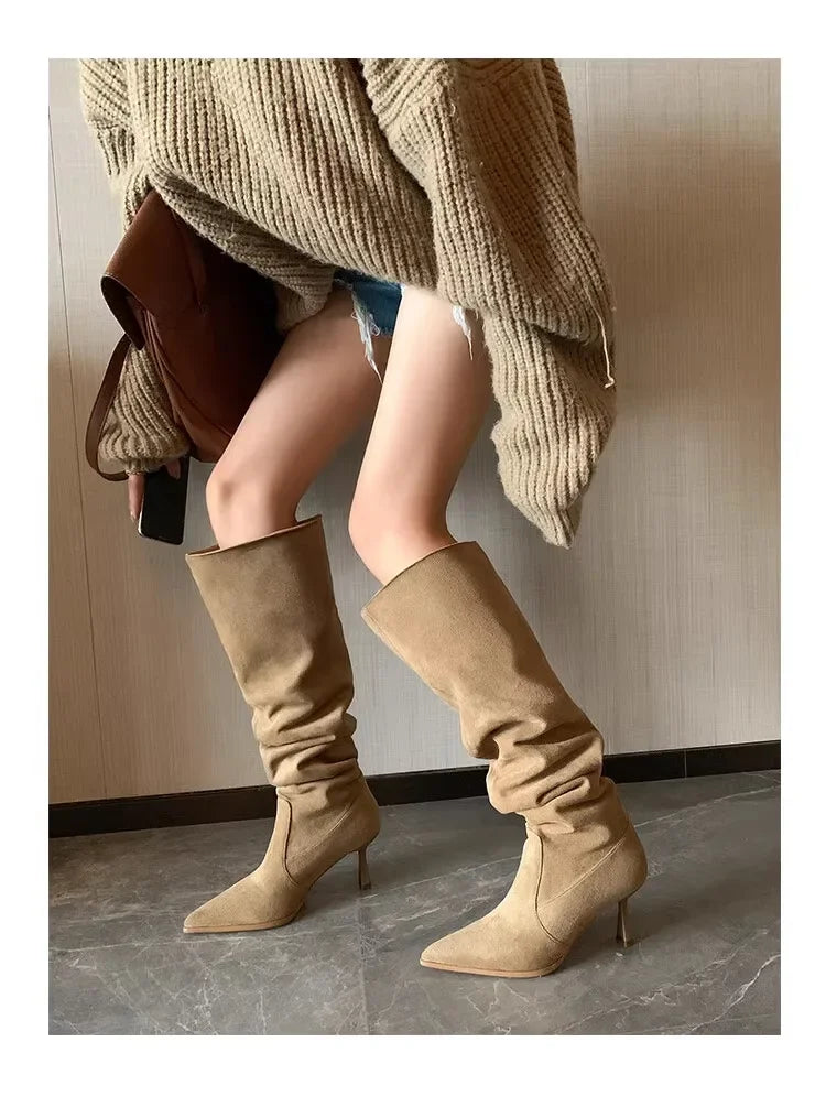 Women Pointed Toe Thin High Heels Ankle Boots  Autumn Fashion Pleated Cowboy Women Faux Suede Woman Slip on Western Botas