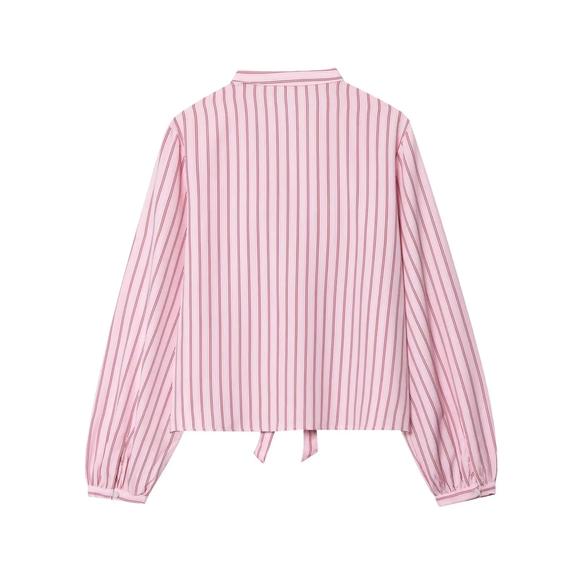 Women Striped Printed Lace-Up Shirt With Bow New Puff Long Sleeves V-Neck Hollow Out Blouses Sweet Ladies Fashion Tops