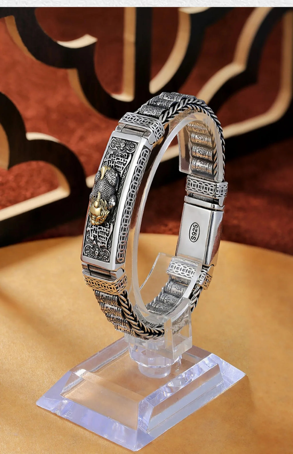 Vintage 100% Solid S925 Silver Retro Lucky Pixiu Man Bracelet Thick Style Domineering Trend Personality Jewelry