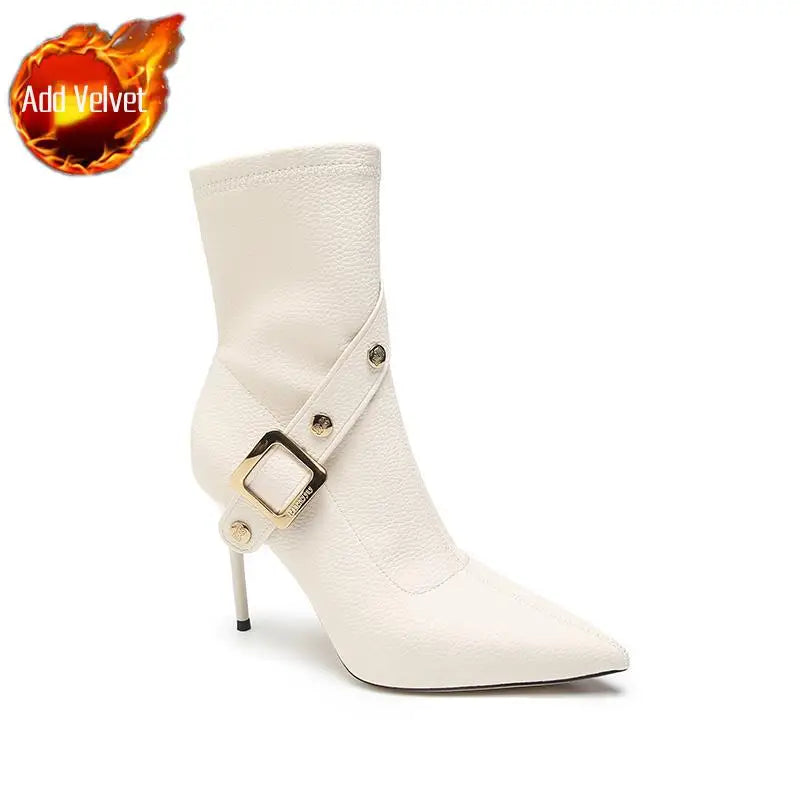 Women's Boots Very High Heel Shoes for Woman Pointed Toe Footwear Half Mid Calf White Boot Large Size Warm Fashion 2024 Y2k Goth