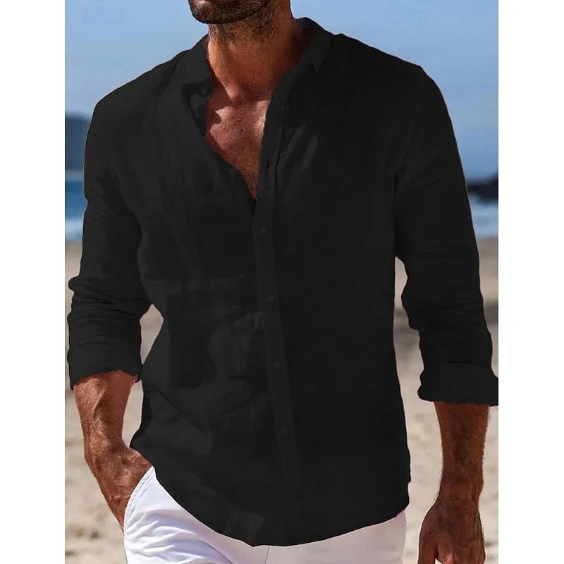 Men's Shirt Linen Shirt Summer Beach Shirt Button Solid Color Casual Daily Black White Pink Navy Blue Long Sleeve Lapel XS-6XL