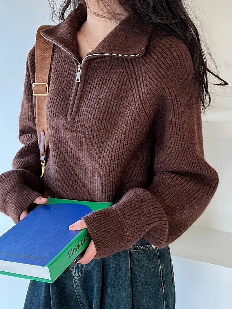 Autumn Winter  Zipper Sweaters Women Solid Color High Neck Knitted Pullover Solid Red Loose Turndown Collar Women's Turtleneck