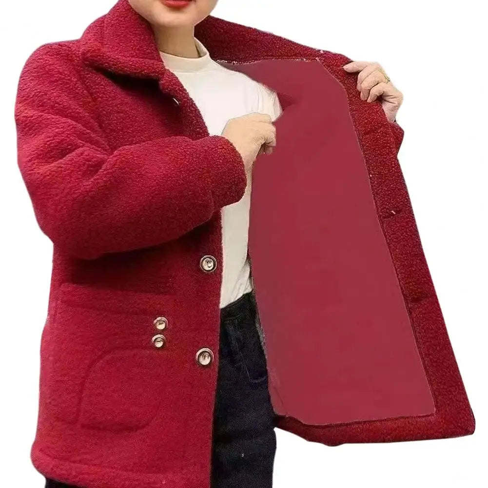 Winter Fleece Coat Single-breasted With Side Pockets Turn-down Collar Coat Coldproof Solid Color Long Sleeves Outwear Jacket