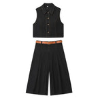 Women's Color Contrasting Stitch Collar Single breasted Straight Tank Top Long Fold Belt Bermuda Shorts Summer New Pants