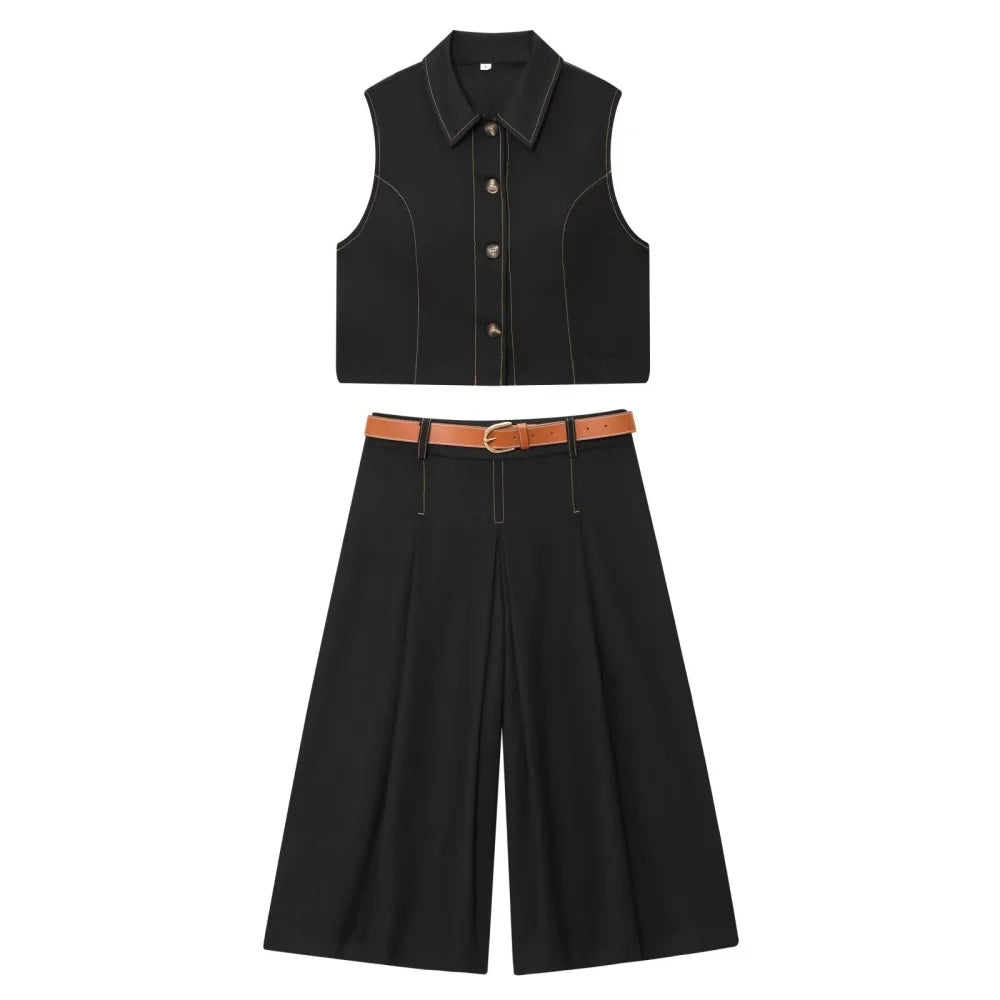 Women's Color Contrasting Stitch Collar Single breasted Straight Tank Top Long Fold Belt Bermuda Shorts Summer New Pants