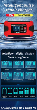 Battery Charger 12V 8A  24V 4A Smart Fast Charging for Car Batteries 8-Stage Charge Pulse Repair for AGM GEL WET Lead Acid