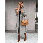 Autumn Winter Women Woolen Jacket Top Outwear Elegant Fashion Long Sleeve Lapel Collar Belt Trench Coat Overcoat Streetwear