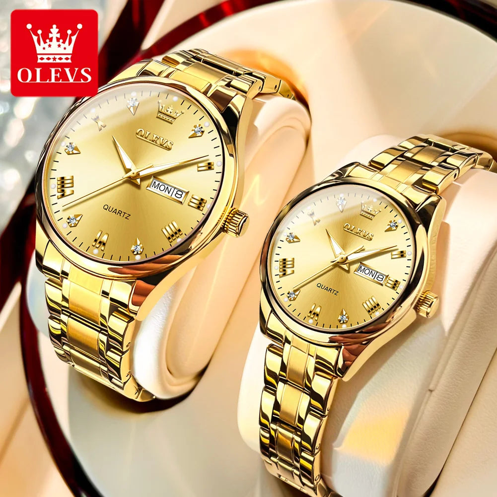 OLEVS Luxury Gold Couple Watches Stainless Steel Original Quartz Watch for Lover Waterproof Luminous Date Week Trend Dress New