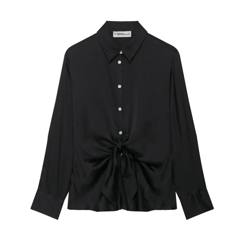 Women Satin Knot Shirt Autumn Women's Long Sleeves Women's Shirts Simple Female Button Shirts & Blouses