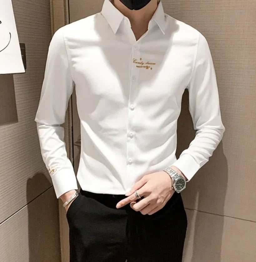 Shirts For Men Long Sleeve Embroidery White Man Shirt Social Cheap Things With Vintage Sleeves Slim Fit Sale Fashion 2025