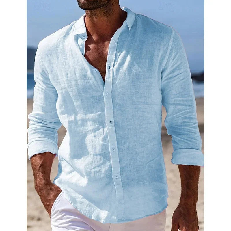 Men's Shirt Linen Shirt Summer Beach Shirt Button Solid Color Casual Daily Black White Pink Navy Blue Long Sleeve Lapel XS-6XL