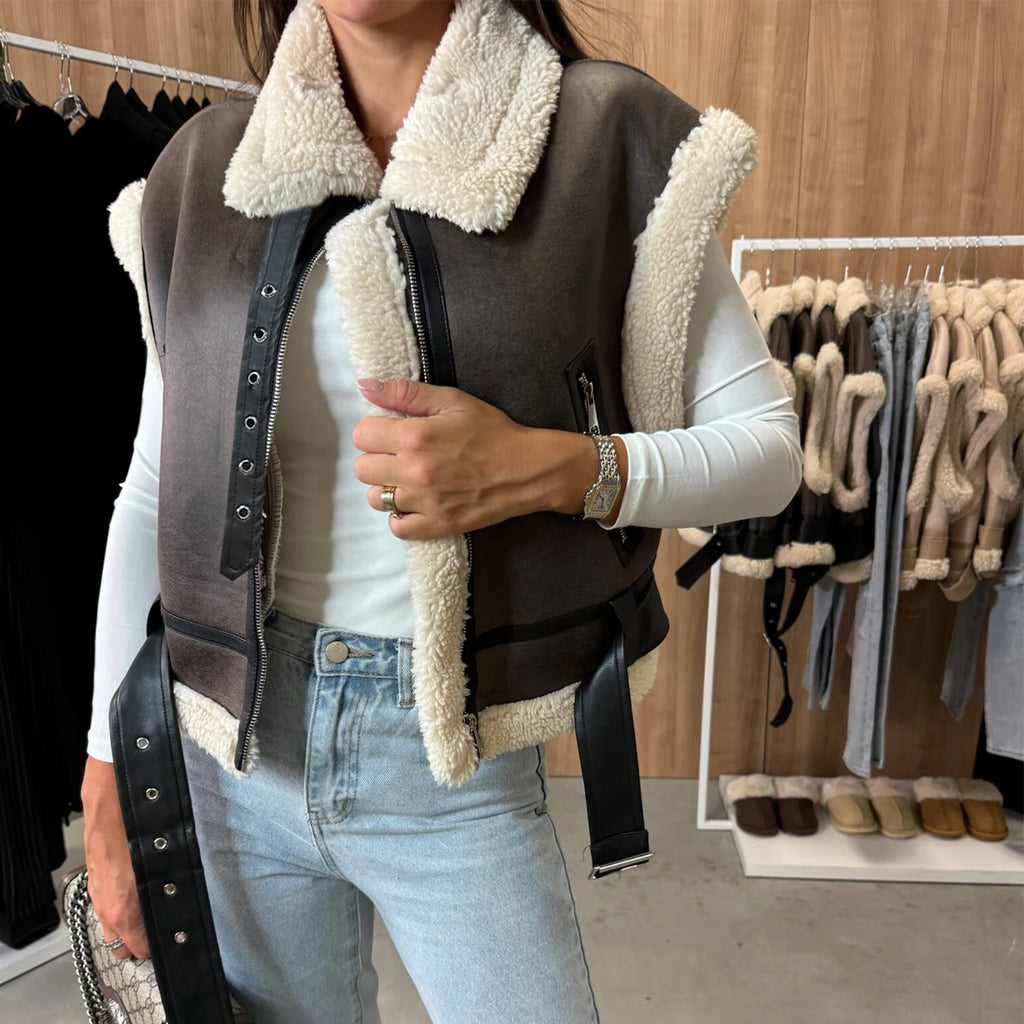 Women Winter Faux Suede Vest Sleeveless Zipper Up Fleece Sherpa Lined Jacket Fashion Solid Color Casual Outerwear Coat!