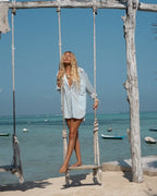 Women Blue and White Striped Cartoon Embroidery Casual Loose Cotton Shirt Top