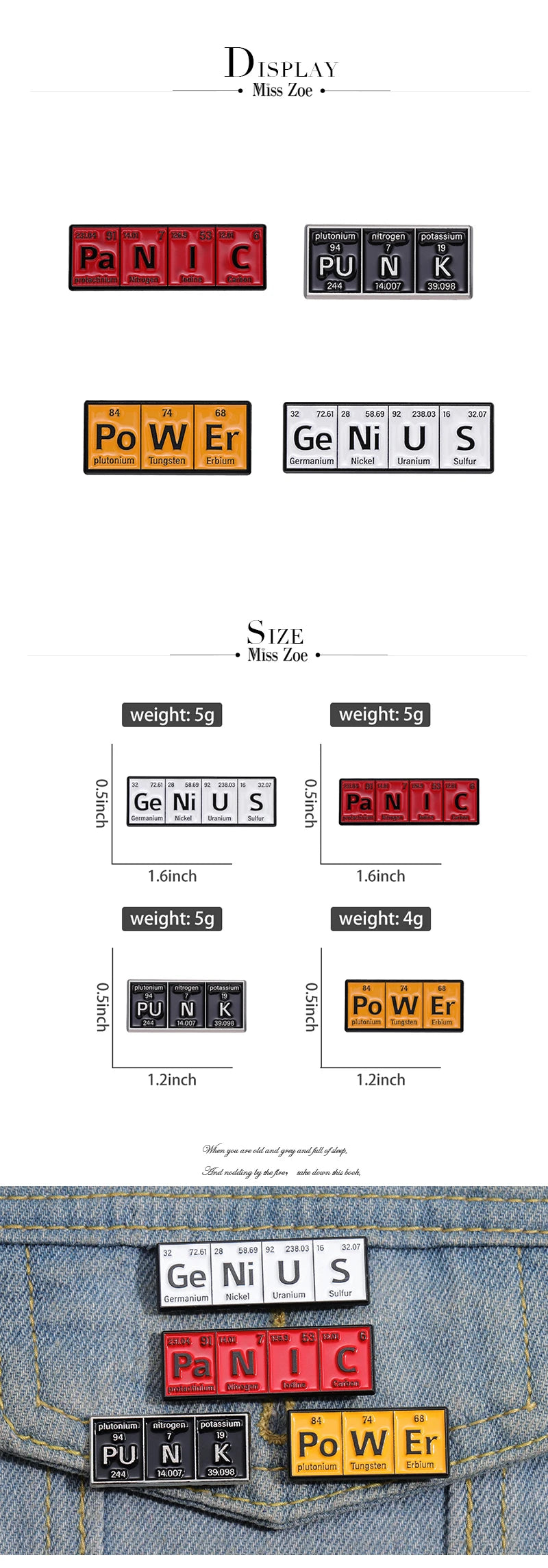 Chemical Element Enamel Pins Custom PO W ER GE NI U S Punk Brooches Lapel Badges Subject Jewelry Gift for students Friends