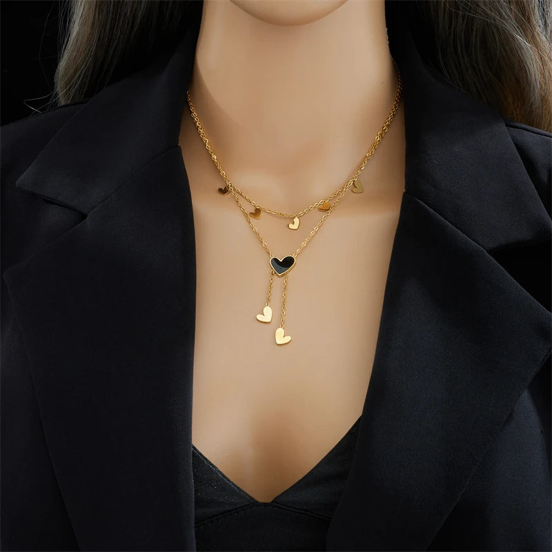 DIEYURO 316L Stainless Steel Black Heart Pendant Necklace For Women New Vintage Girls Clavicle 2in1 Chain Jewelry Birthday Gifts