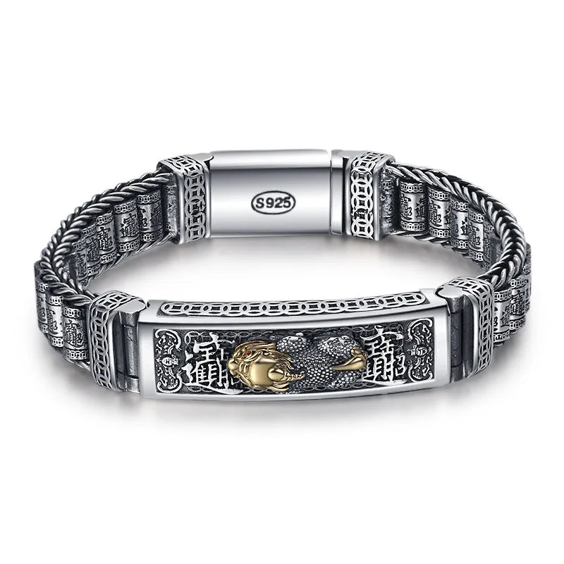 Vintage 100% Solid S925 Silver Retro Lucky Pixiu Man Bracelet Thick Style Domineering Trend Personality Jewelry