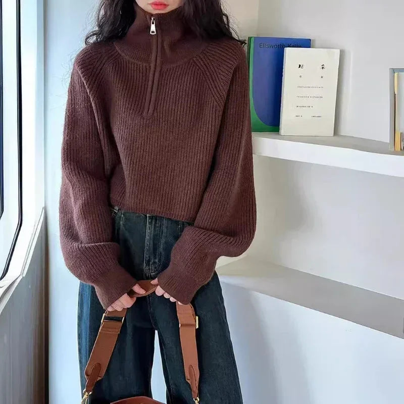 Autumn Winter  Zipper Sweaters Women Solid Color High Neck Knitted Pullover Solid Red Loose Turndown Collar Women's Turtleneck