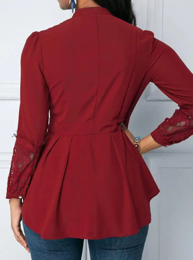 Women's Elegant Lace Blouses European & American Single-Breasted Open-Neck Stitching Fashion Chiffon Office Shirt Top for Women