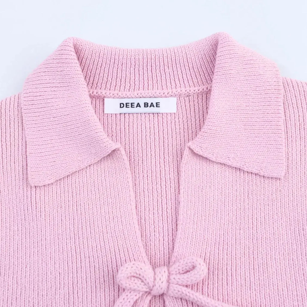 Women Bow Tie Coat Casual Knitted Cardigan Femmes Short Sleeve Women's Clothing Knitwear Outerwears 2142007