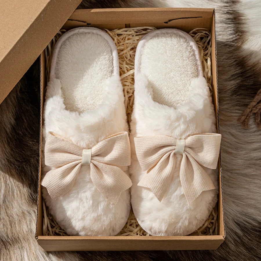 Women's Slippers Cute Bow Exquisite Winter Indoor Warm Comfort Breathability Soft Soled Fashion Home Casual Shoes