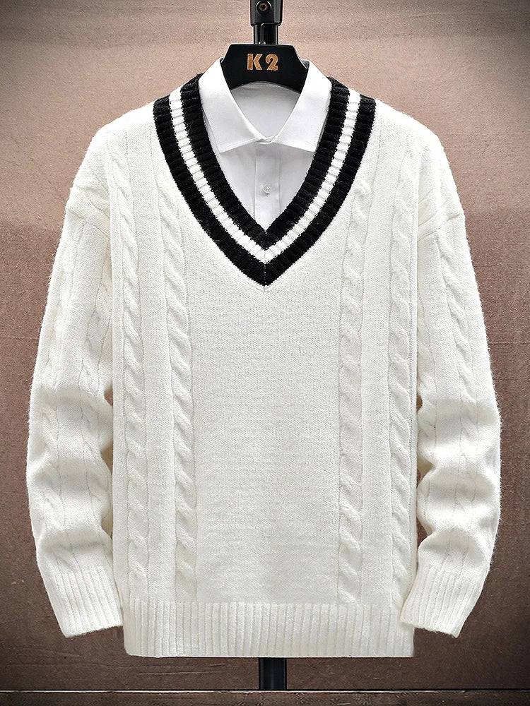 Autumn and Winter New 2024 Men's Casual Fashion Simple V-neck Loose Warm Sweater Men's Home Decoration Casua