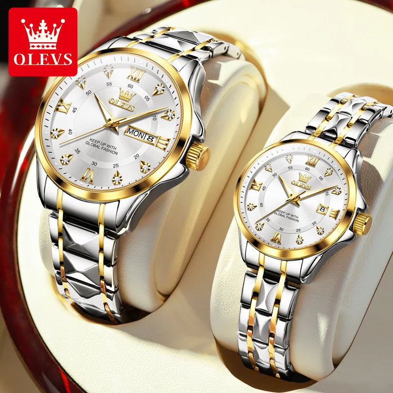 OLEVS 2906 Couple Watch Luxury Stainless Steel Waterproof Clock Fashion Roman Scale Diamond Calendar Dial Men Women Quartz Watch