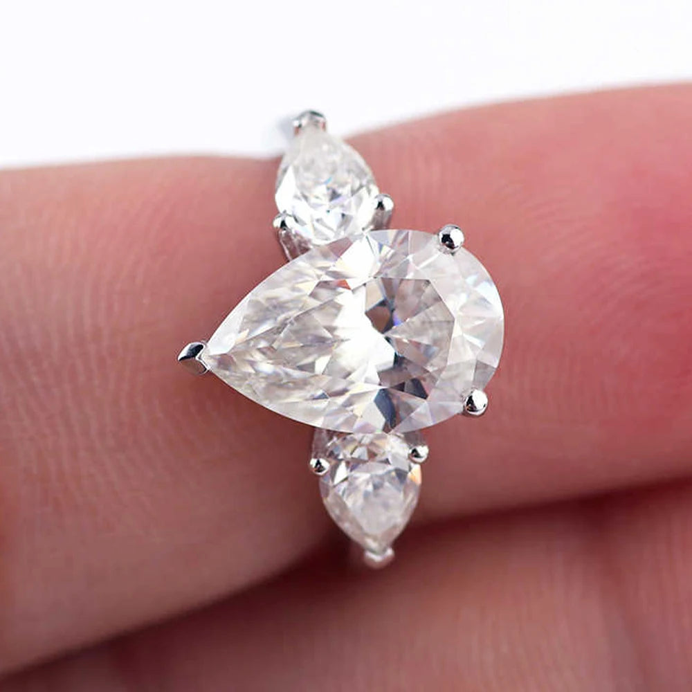 1/2/3/4ct Pear Cut All Moissanite Engagement Rings for Women 925 Sterling Silver 3-Stone Waterdrop Shape Wedding Bands Jewelry