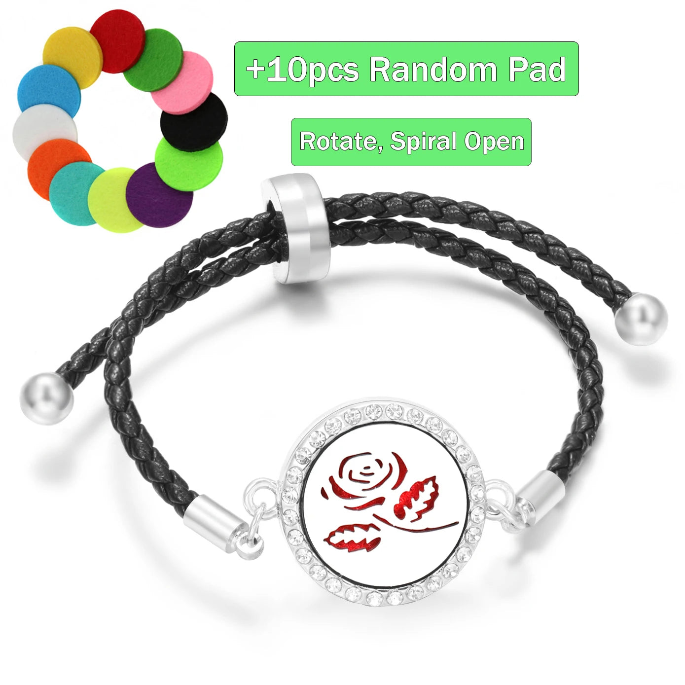 Aromatherapy Diffuser Flowers Rose Women Leather Perfume Bangle Essential Oil Locket Spiral Open Rhinestones Bracelet Jewelry