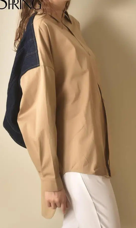 Tannt Women Blouse Denim Patchwork Stitched Ladies Shirt Long Sleeve Loose Leisure Irregular Shirts Fake Two Female Tops 2025