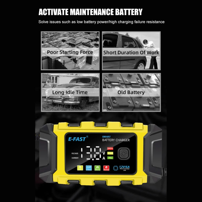 E-FAST Car Battery Chargers 12V/6A Full Automatic Battery Chargers Maintainer Portable Trickle Chargers Battery Desulfator