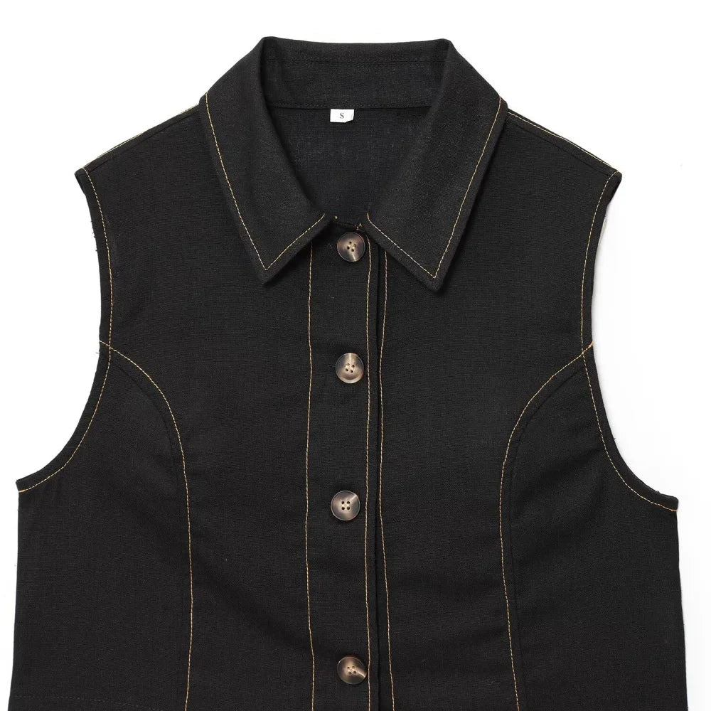 Women's Color Contrasting Stitch Collar Single breasted Straight Tank Top Long Fold Belt Bermuda Shorts Summer New Pants