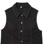 Women's Color Contrasting Stitch Collar Single breasted Straight Tank Top Long Fold Belt Bermuda Shorts Summer New Pants