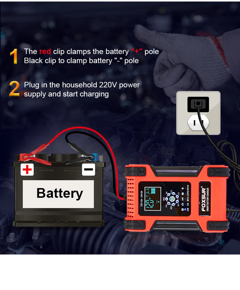 Car Battery Chargers 12A Large Power Full Automatic Smart Battery Chargers 12V 24V Battery Desulfator for Car Truck