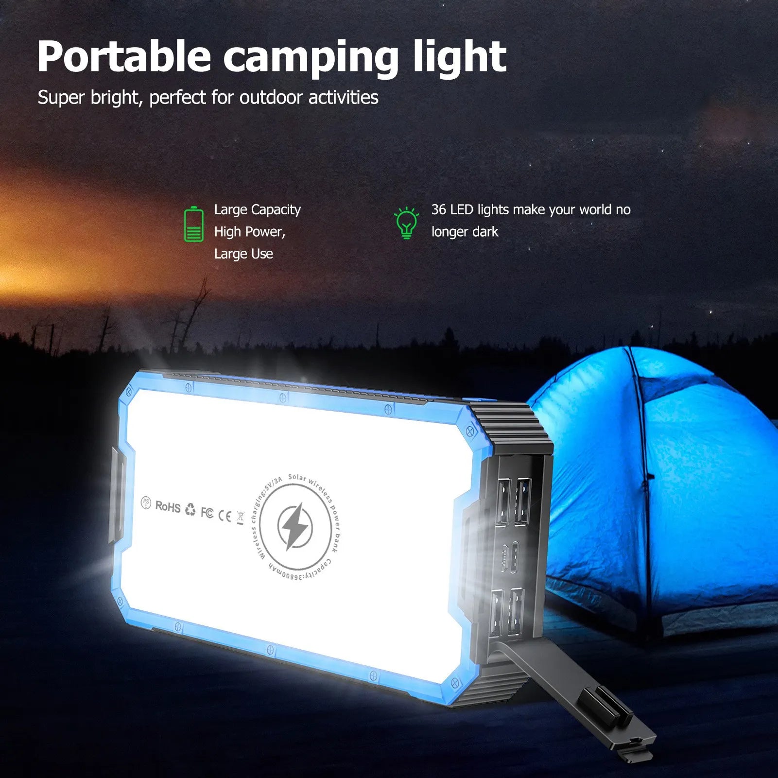 Solar Power Bank 36800mAh 36LEDs 4 USB Output Type C  Input Solar External Battery for Outdoor Camping Solar Power Bank