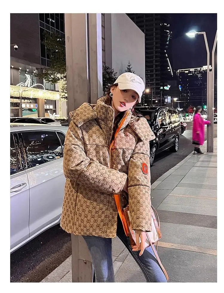 Winter Letter Print Hooded Jacket Women Clothing Trend Zipper Parkas Puffer Down Cotton Coats Design Vintage Windproof Outerwear