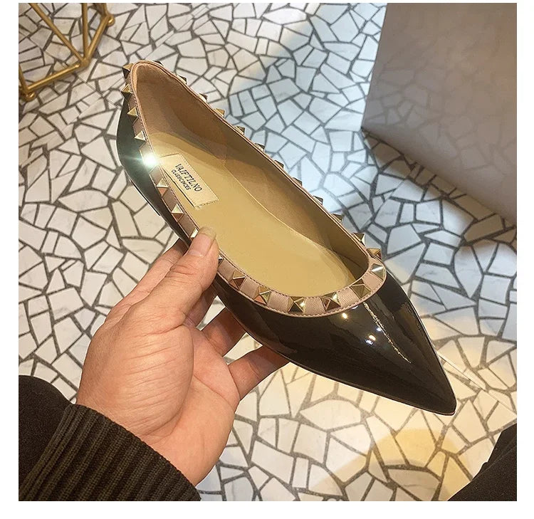 Women's Flat Shoes luxury woman shoes Leather Brand Rivet Flat Shoes Comfortable Casual Outdoor Pointed Toe Shallow Ladies shoes
