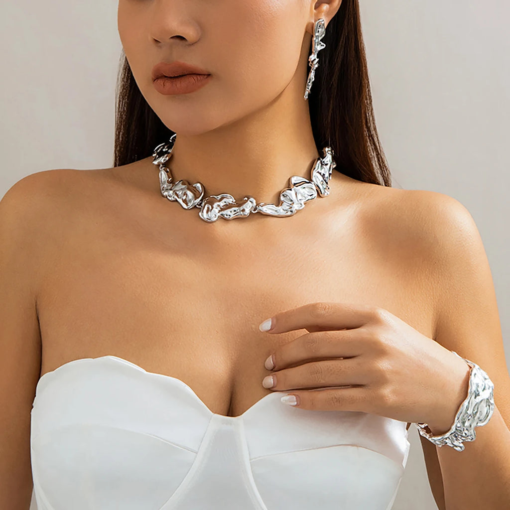 3Pcs Exaggerate Heavy Metal Liquid Irregular Necklace Vintage Statement Pleated Choker Women's Steampunk Jewelry Sets