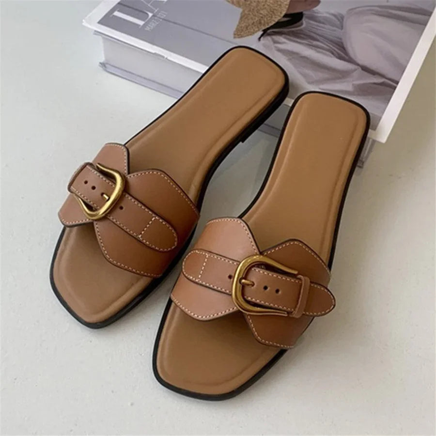 Slippers for Woman 2025 Summer Beach Flats Ladies Buckle Slides Gladiator Sandals Luxury Leather Mules Zapatos Mujer