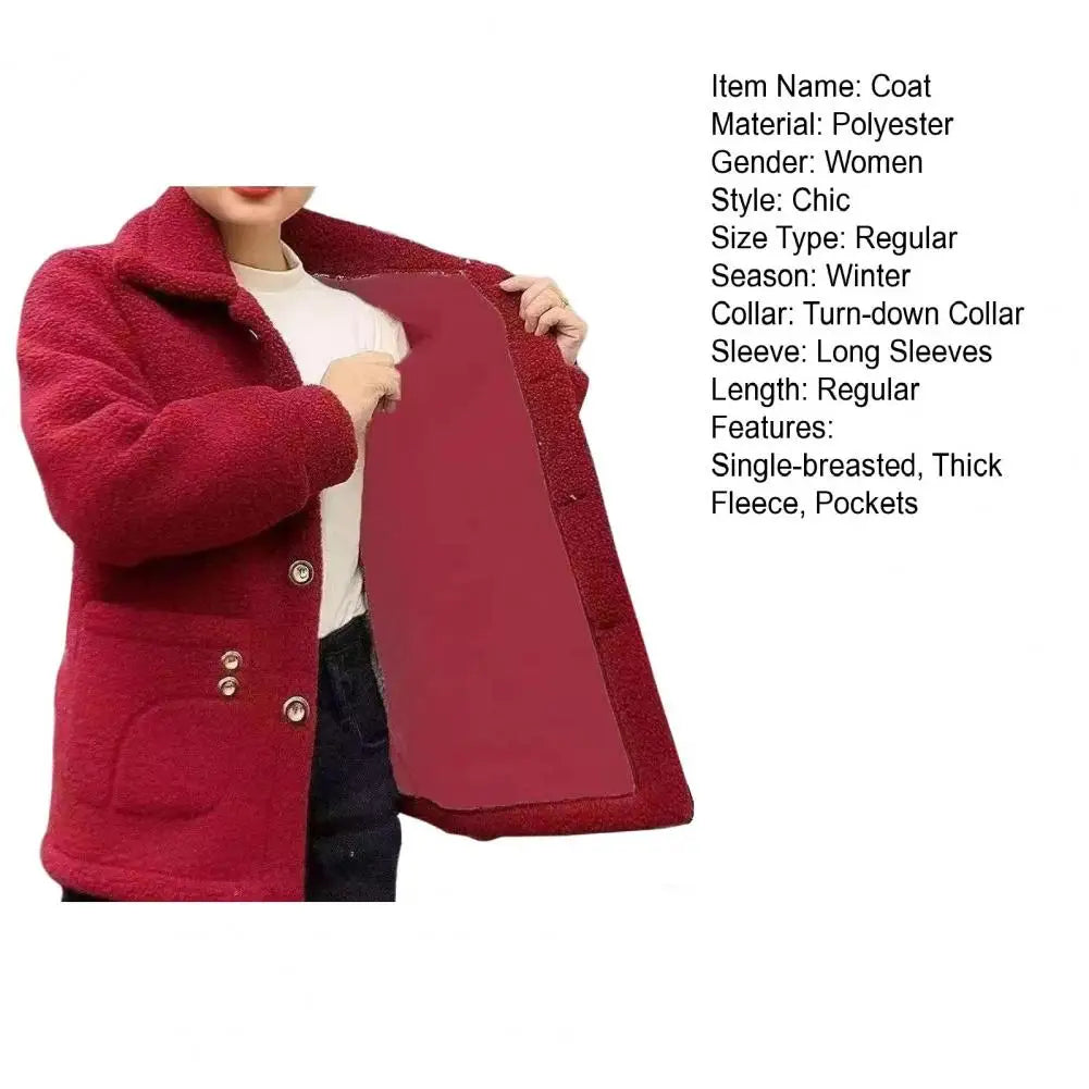 Winter Fleece Coat Single-breasted With Side Pockets Turn-down Collar Coat Coldproof Solid Color Long Sleeves Outwear Jacket