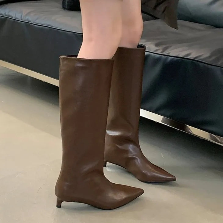 Pointed Toe Women High Boots Leather Fashion Sexy Heels Shoes Woman  Trend New Snow Boots Low Heels Elegant Goth Mujer Botas