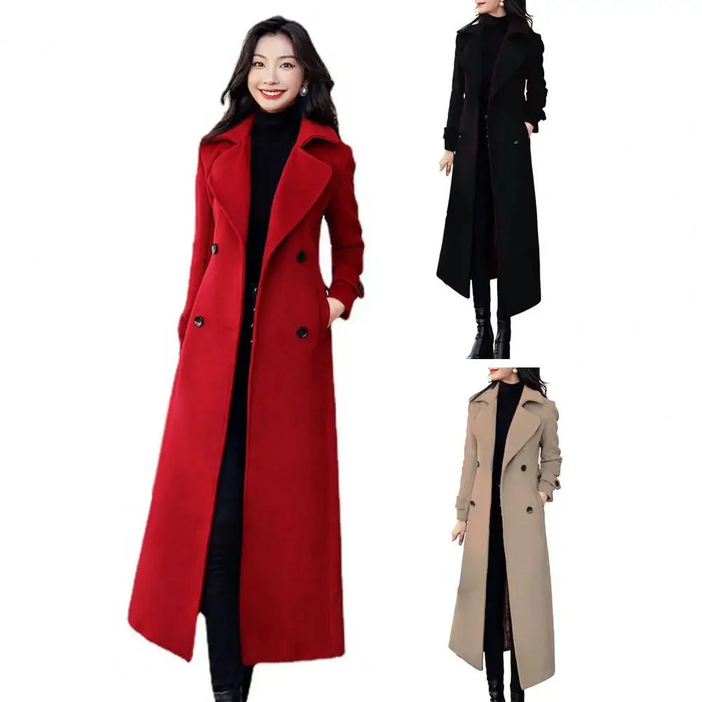Winter Overcoat Elegant Double-breasted Waist Belt Long Woolen Jacket Fashion Thermal Thick Women Trench Coat Winter Wool Coat