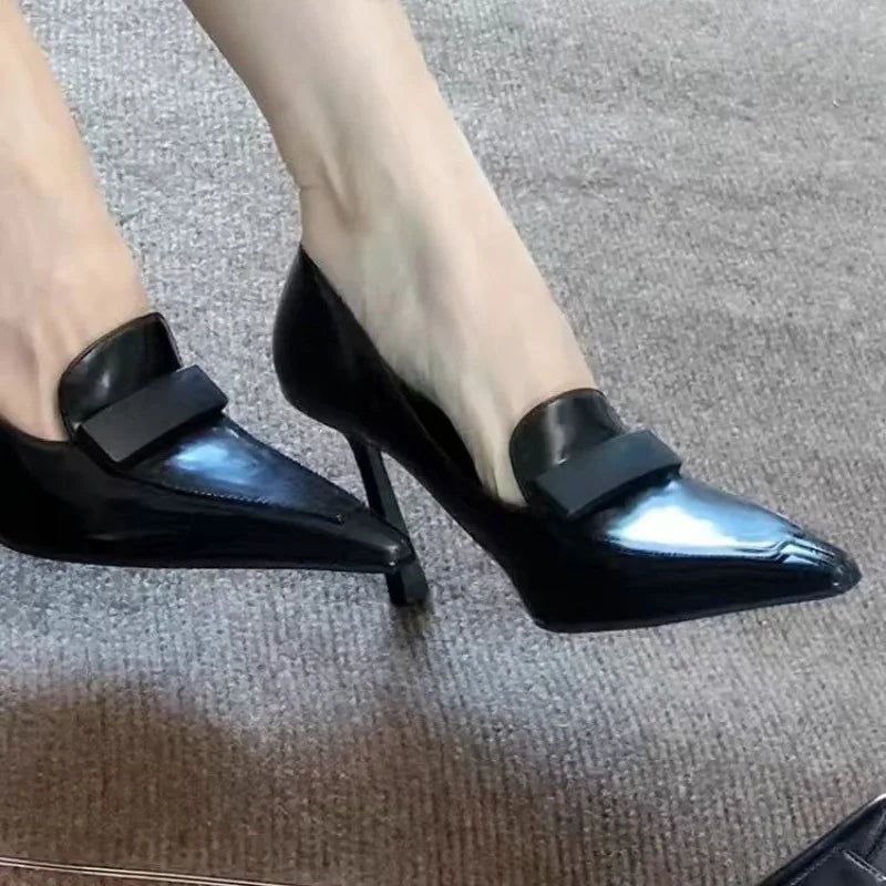 2025 Early Spring New High Heels for Women's Sexy Leather Small Square Buckle Pointed Toe Shallow Mouth Elegant Slim Heels Shoes