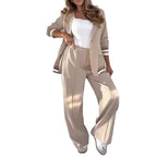 Pant Sets Women Wide Leg Pants Two Piece Set Button Coats Matching Sets Patchwork High Waist Elegant Trousers Pockets Sporty