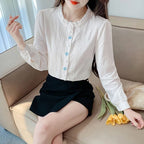 Woman's Embroidery Cotton Long-Sleeved Shirt New Stand Collar Stitching Ruffled Shirts Female Temperament Age-Reducing Thin Top