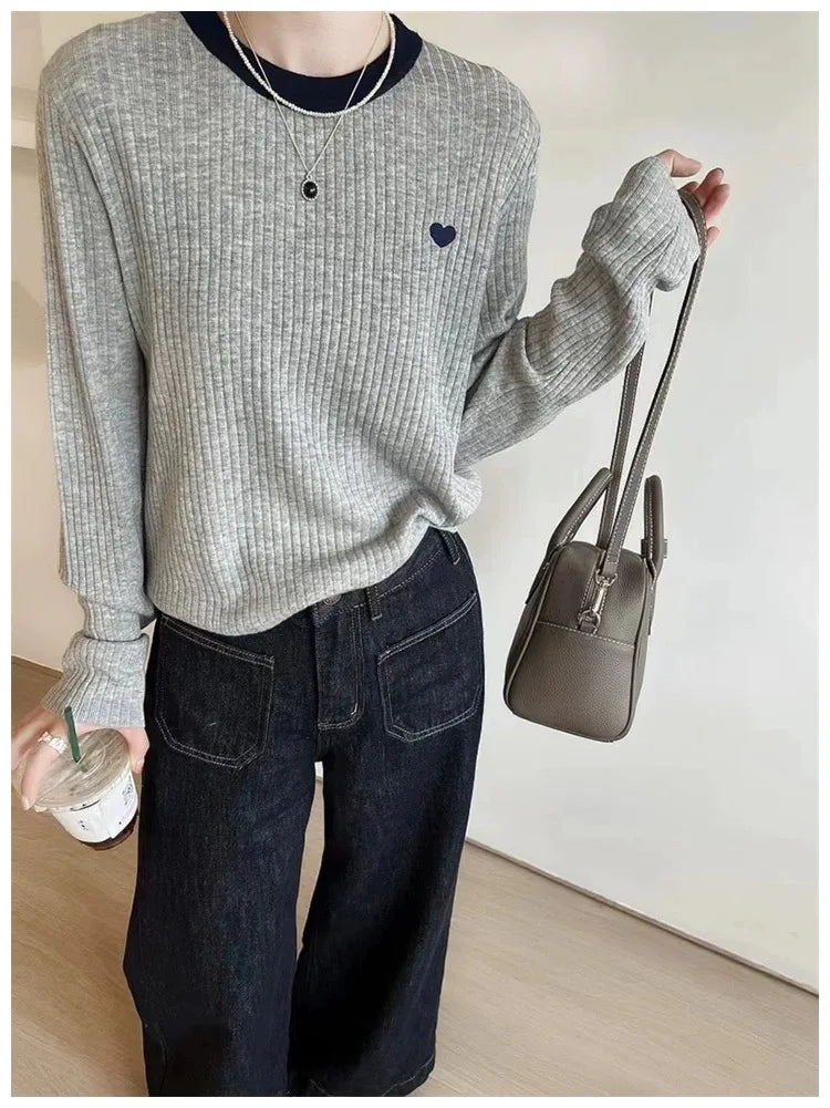 Women's Pullover Autumn/Winter 100% Wool Sweater Stitching Casual Knit Sweater Round Neck Tops Ladies Clothes Embroidery Blouse