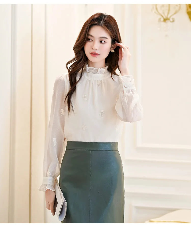 Women Blouse Shirt New Long Sleeve Ruffled Collar Elegant Embroidery Blouse Shirt Women Tops Blouses Shirts Blusas Camisas Q770